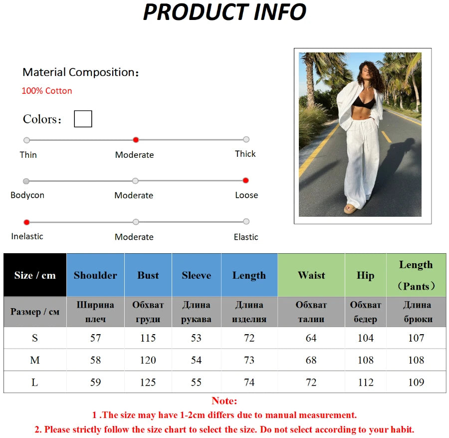 Bornladies Women's Cotton Long Sleeve Shirt & Wide Leg Pants Set