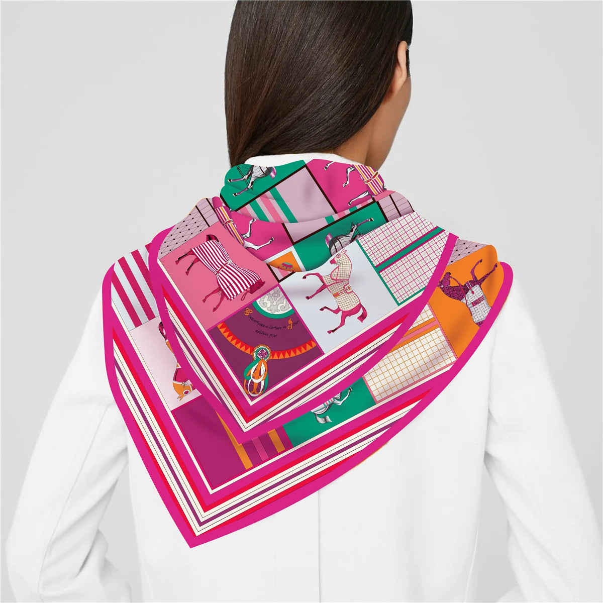 90cm Classic Checkered Horse Brand Square Scarf Women Twill Silk Scarf Shawl Hijab Luxury Bandana Foulard Neckerchief Head Scarf SS69
