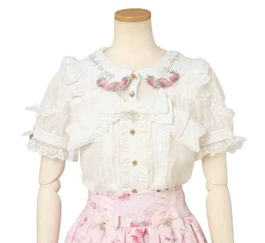 Japanese New Liz Plaid Bow Lolita Strawberry Embroidered Short Sleeve Shirt Women's Spring Summer Sweet Blouse Shirts