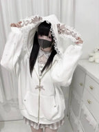 CHUJIECN Kawaii Bunny Ear Lace Zipper Hoodie
