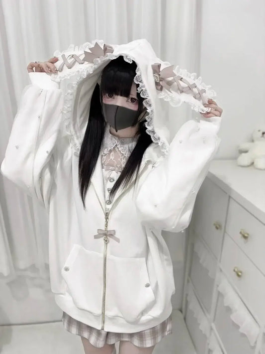 CHUJIECN Japanese Kawaii Bunny Ear Hoodie Women Lace Zipper Jacket