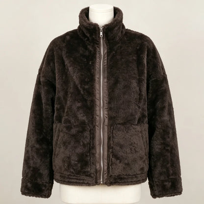 PUAL  2026 new fuzzy fleece zip up jacket, high collar, big pockets, warm casual short outerwear, cozy winter women plush coat