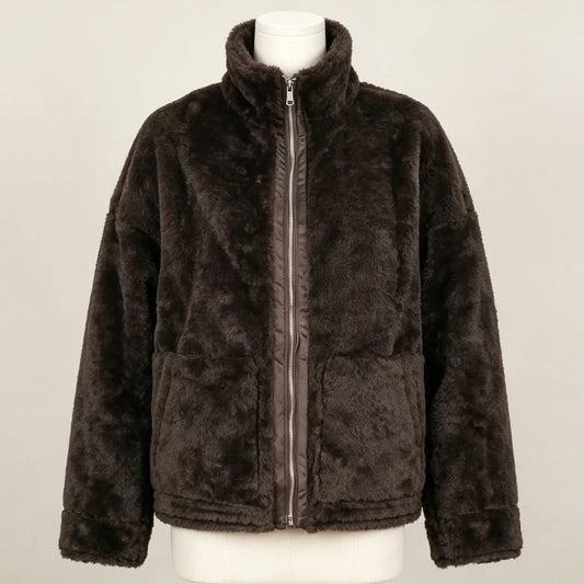PUAL  2026 new fuzzy fleece zip up jacket, high collar, big pockets, warm casual short outerwear, cozy winter women plush coat