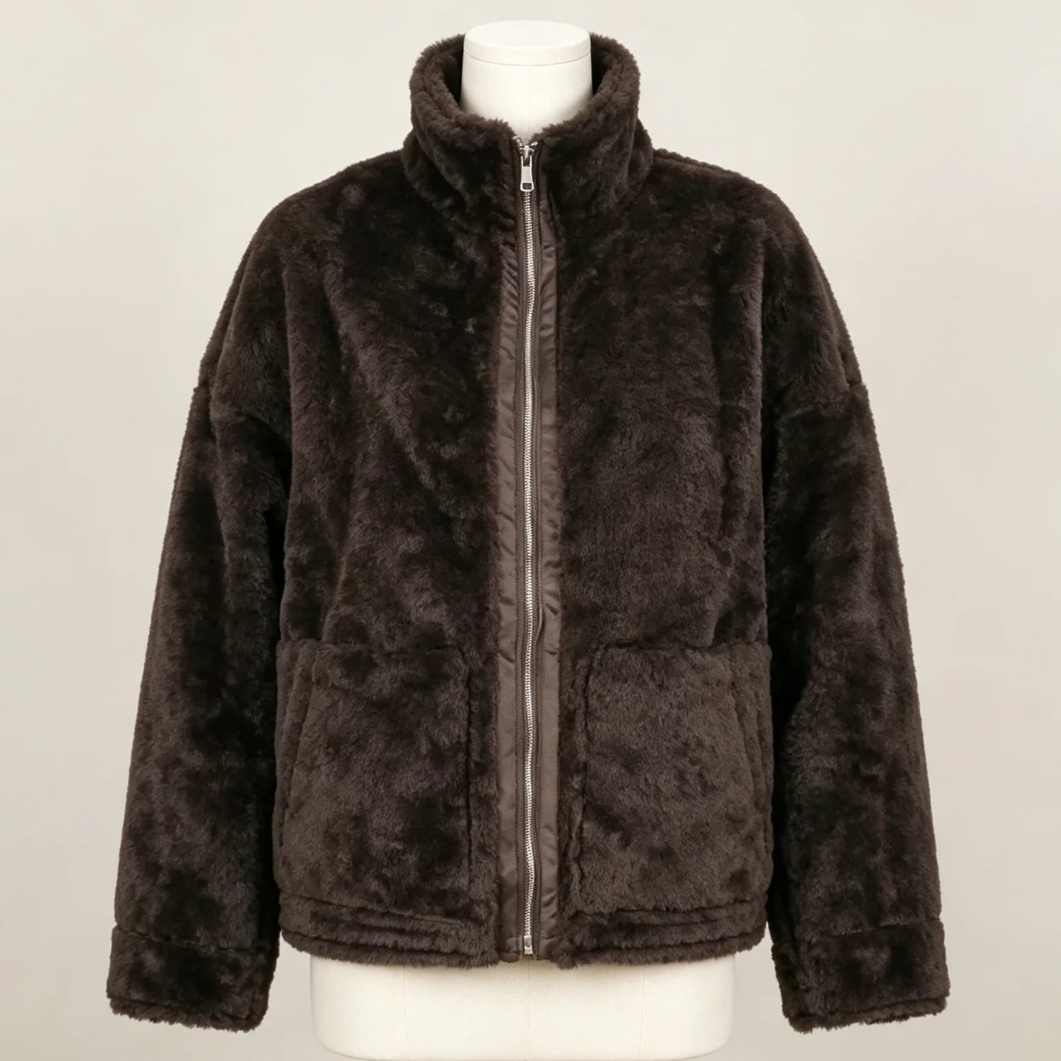 PUAL Women's Fuzzy Fleece Zip-Up Jacket with High Collar & Big Pockets