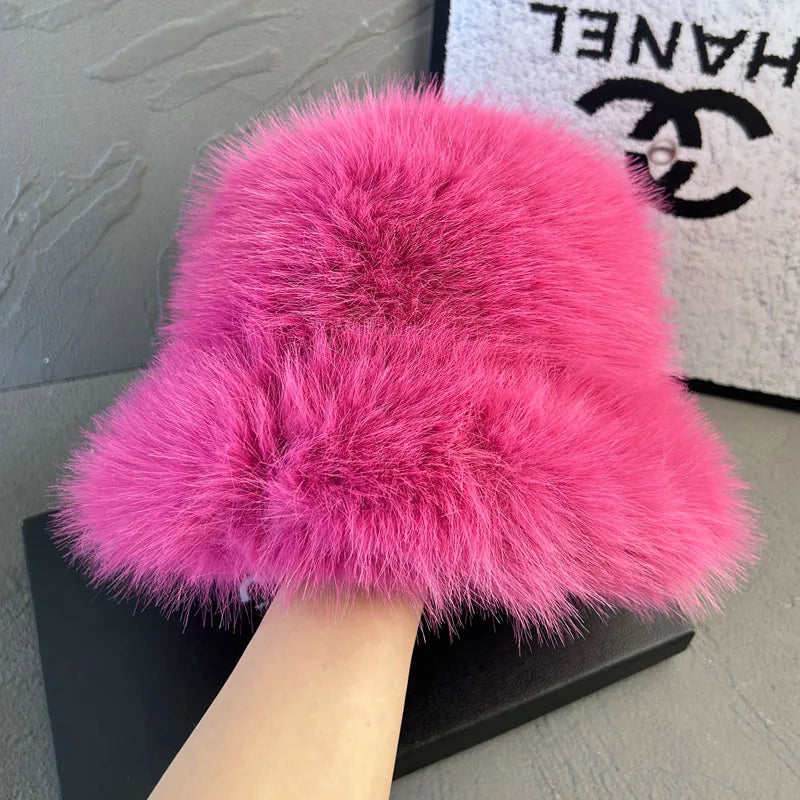 Women's Fluffy Faux Rabbit Fur Bucket Hat - Warm Plush Winter Cap