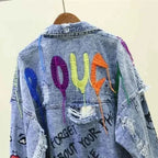 Spring Autumn Rivet Beaded Line Tassel Letter Graffiti Print Women Denim Jacket 2026 Casual Hole Denim Jacket Veste Femme