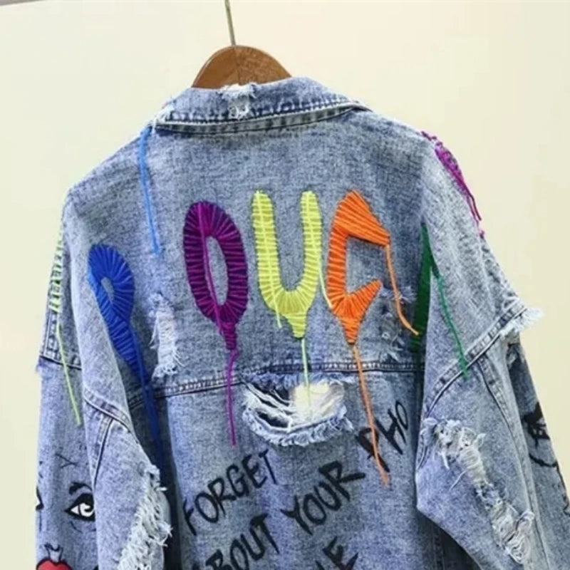 Spring Autumn Rivet Beaded Line Tassel Letter Graffiti Print Women Denim Jacket 2026 Casual Hole Denim Jacket Veste Femme