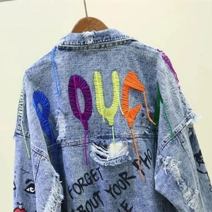Spring Autumn Rivet Beaded Line Tassel Letter Graffiti Print Women Denim Jacket 2026 Casual Hole Denim Jacket Veste Femme