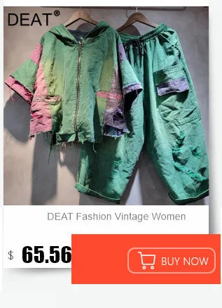DEAT Women's Patchwork Denim Hooded Jacket and High Waist Wide Leg Pants Set