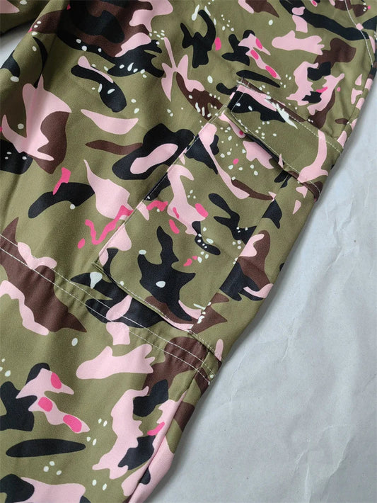 FAGADOER Pink Camouflage Print Pants Women Y2K Streetwear Button Pocket patchwork Straight Pants Hot girl Bottoms 2025 SS69