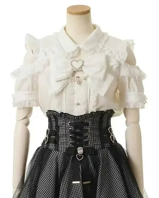 Japanese Liz Mine Women's Shirt Summer Off Shoulder Big Bow Short Sleeve Top Cute Girl BlousesHigh Waist Skirt 2 Piece Skirt Set SS69 61.69 white top / S