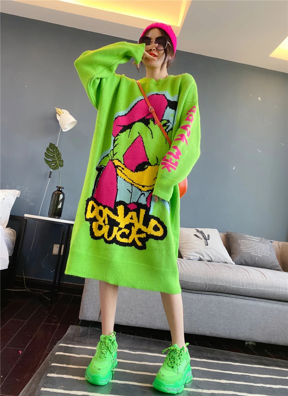 Korean Long-Sleeved Pullover Sweater Loose Fashion Women Autumn Winter Cartoon Embroidered Thickened Long Section Knitted Top SS69