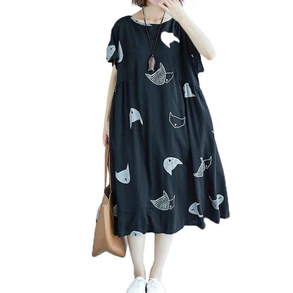 Plus Size Women Loose Dress Cute Cartoon Cat Print O Neck  Short Sleeve Baggy Large Size Oversized Maxi Dress Round Neck