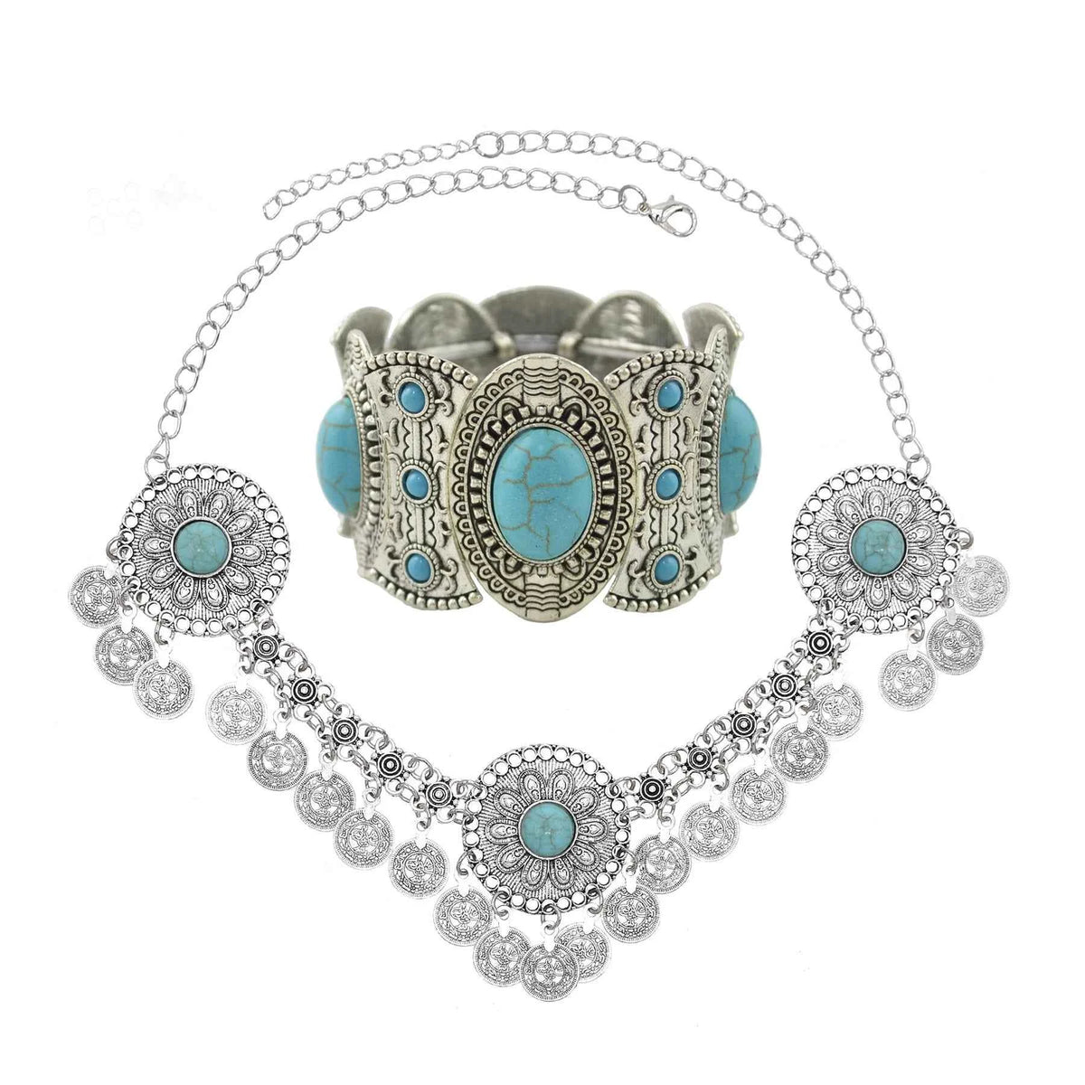 Traditional Kazakhstan Ethnic Coins Bracelet Hair Accessories  for Women Vintage Nepalese Tibetan Clothing Headwear Jewelry Set