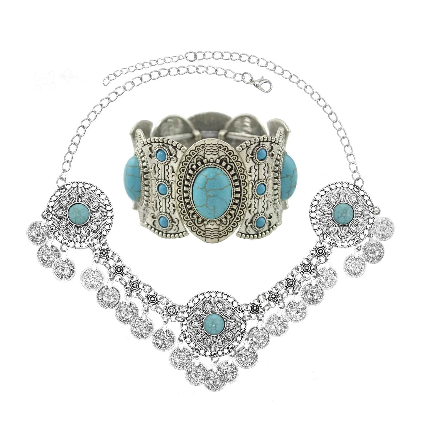 Traditional Kazakhstan Ethnic Coins Bracelet Hair Accessories  for Women Vintage Nepalese Tibetan Clothing Headwear Jewelry Set