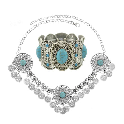 Traditional Kazakhstan Ethnic Coins Bracelet Hair Accessories  for Women Vintage Nepalese Tibetan Clothing Headwear Jewelry Set