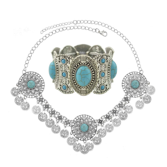 Traditional Kazakhstan Ethnic Coins Bracelet Hair Accessories  for Women Vintage Nepalese Tibetan Clothing Headwear Jewelry Set