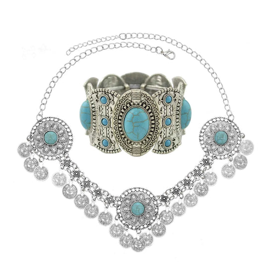 Traditional Kazakhstan Ethnic Coins Bracelet Hair Accessories  for Women Vintage Nepalese Tibetan Clothing Headwear Jewelry Set