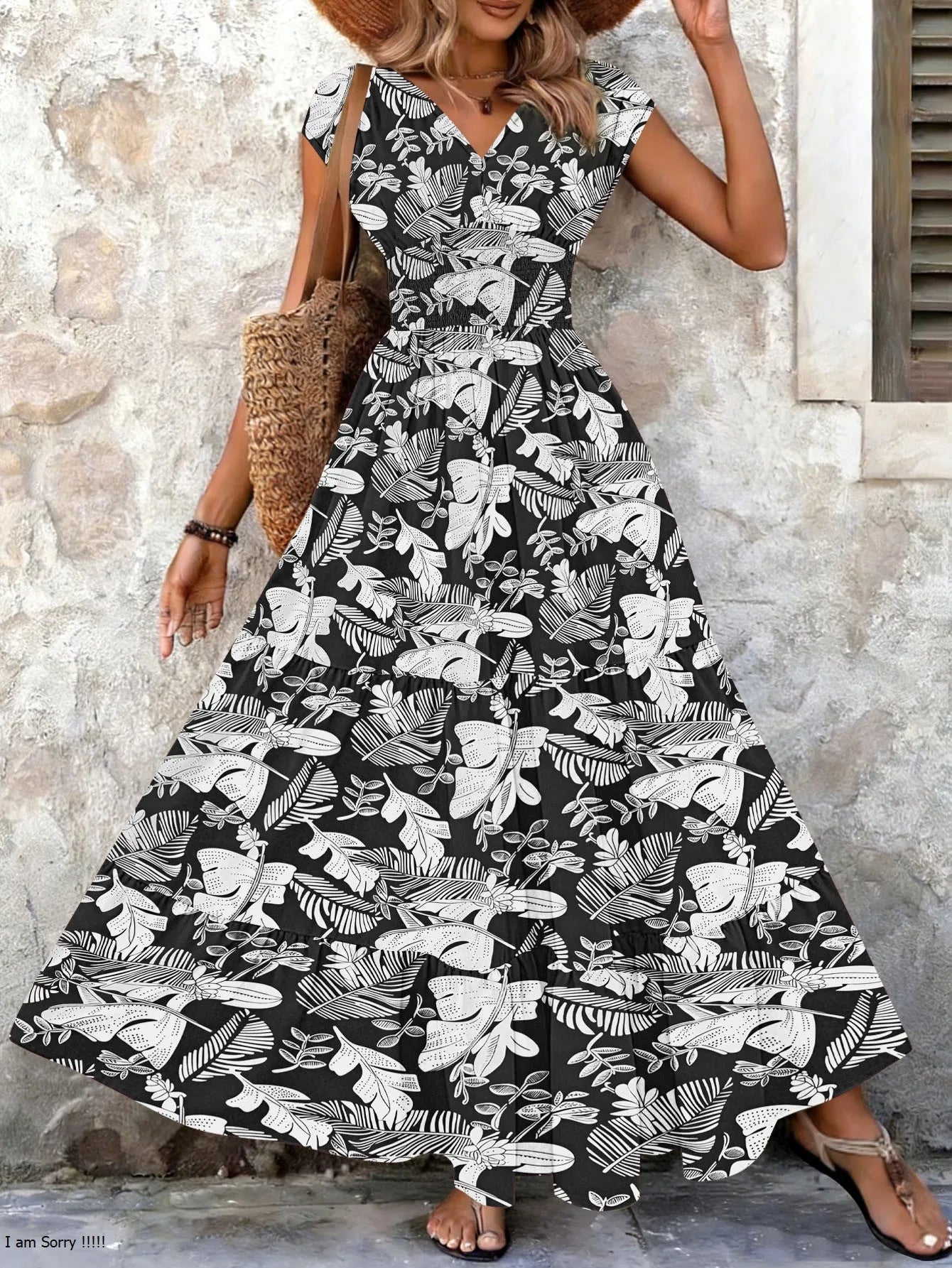 Vintage Floral Print V-Neck Maxi Dress - Women's Retro Gown
