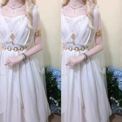 Women's white sleeveless chiffon fairy maxi dress with gold accessories and empire waist.