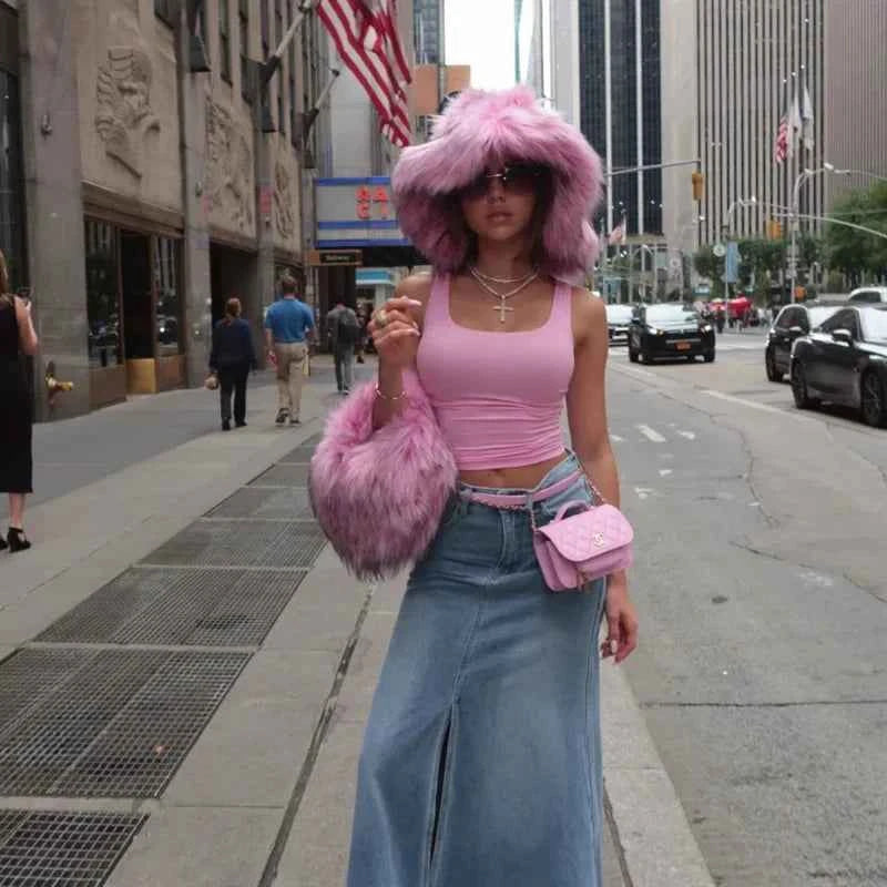 Luxury Fluffy Women Faux Fur Bucket Hats Oversized 17cm Wide Brim Thicken Outdoor Warm Plush Punk Hat Girl Y2k Female Ski Panama