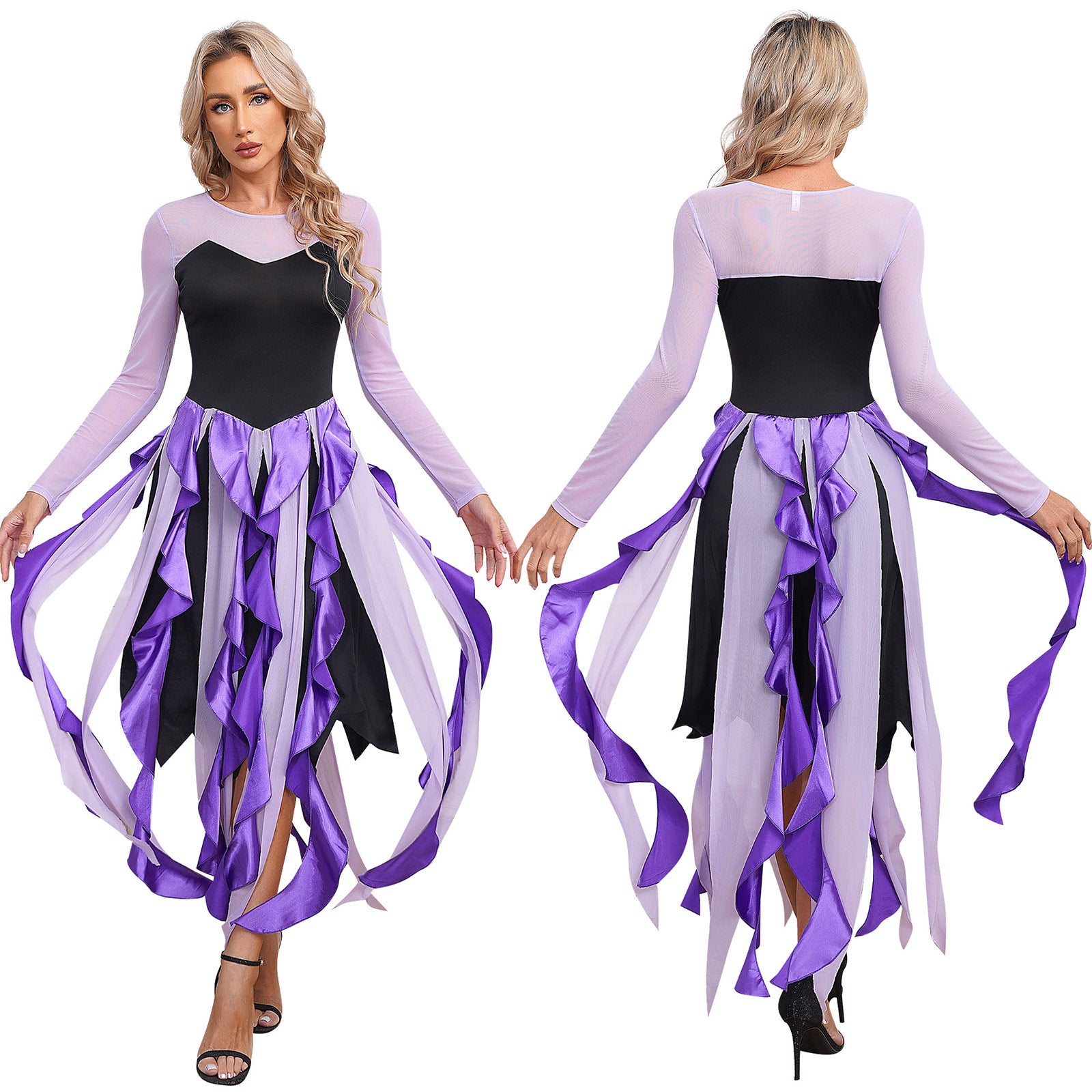 Women Ursula‘s Dress Halloween Carnival Mermaid Octopus Sea Witch Cosplay Costume Long Sleeve Mesh Asymmetrical Hem Dresses