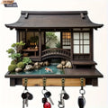 Retro Japanese Wooden Key Holder with 4 Bronze Hooks