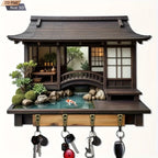 Retro Japanese Wooden Key Holder with 4 Bronze Hooks