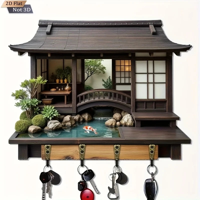 SS69 2D Retro Japanese-Style Wooden Key Holder with 4 Bronze Hooks