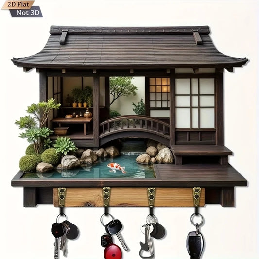 SS69 2D Retro Japanese-Style Wooden Key Holder with 4 Bronze Hooks