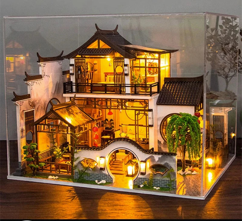 NEW DIY Wooden Doll Houses Japanese Ancient Casa Miniature Building Kits with Furniture Led Dollhouse for Adults Christmas Gifts SS69