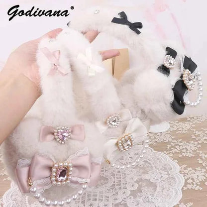 Sweet Mine Hairy Rhinestone Big Love Bow Earmuffs - Lolita Style