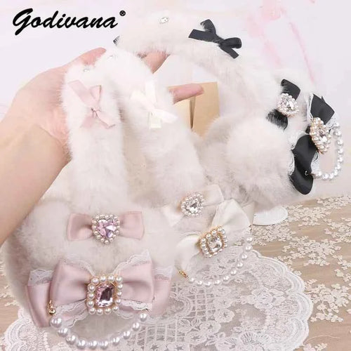 Sweet Mine Hairy Rhinestone Big Love Bow Earmuffs - Lolita Style