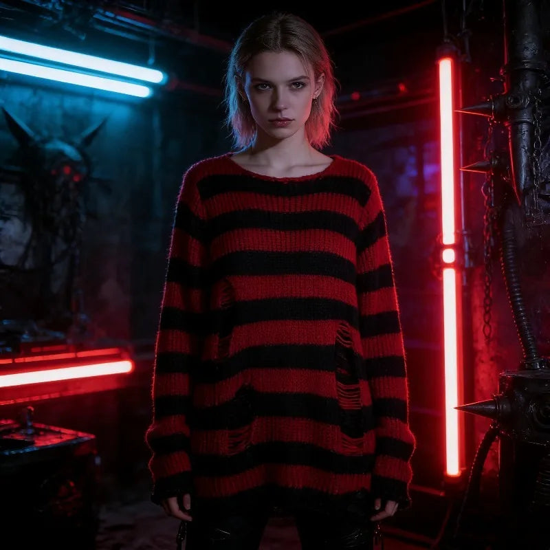New Women's Punk Gothic Oversized Pullover Sweater Striped Hollow out Cool Harajuku Aesthetics Spring Autumn