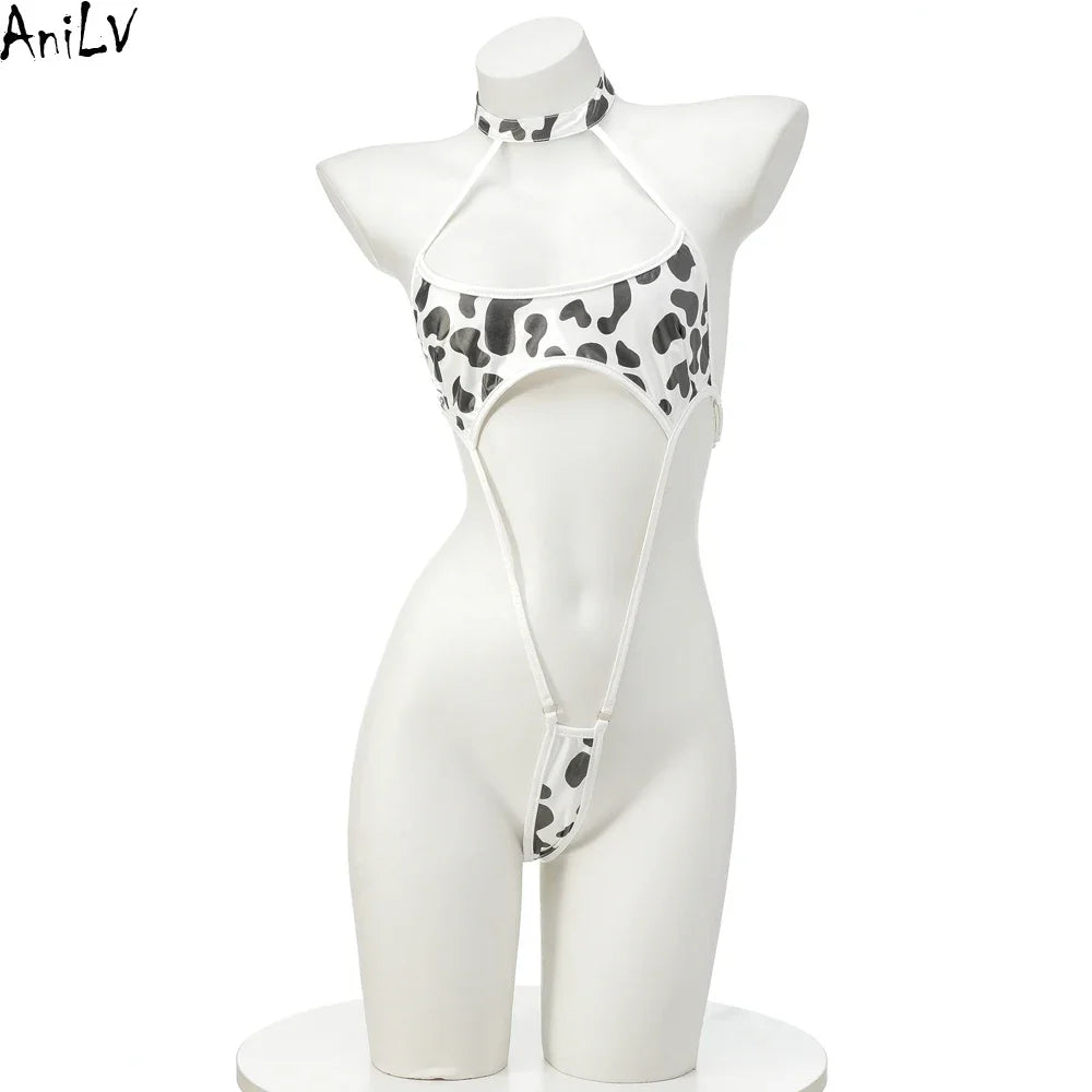 AniLV Cow Print Bikini Set with Maid Apron