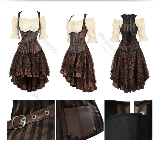 Brown Pirate Dress Plus Size Faxu Leather Steampunk Corset Dress with Shoulder Off Blouse Cosplay Pirate Costume for Women SS69