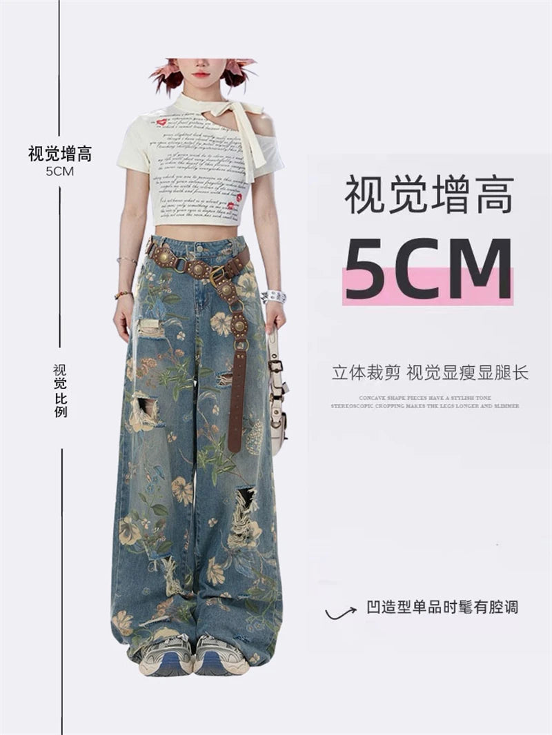 Women Y2k Graphic Print Ripped Jeans Baggy Harajuku 90s Aesthetic Denim Trousers Vintage Japanese 2000s Style Trashy Jean Pants SS69