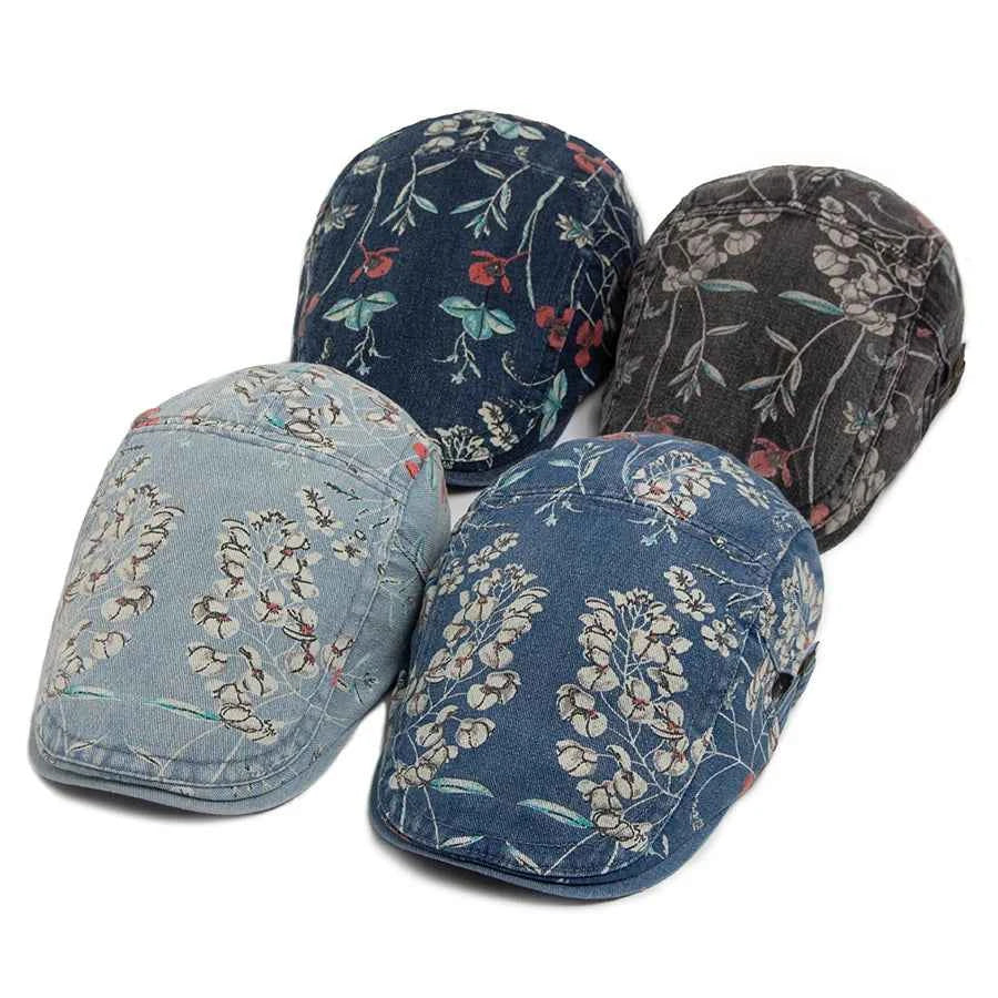 New Vintage Print Denim Beret Women Men Cotton Newsboy Cap Casual Visor Fashion Flat Hat Adjustable Berets For Spring Autumn