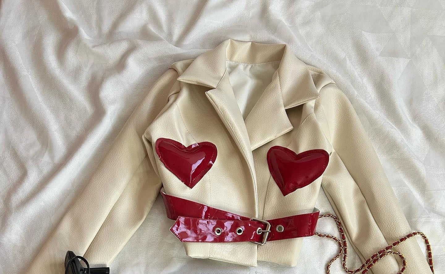 Y2K Womens Street Clothing Heart shaped Leather Clothing Two Punk Jacket Cut Denim Patchwork Retro Pleated Mini Skirt Jacket Set SS69 50.69 Top4 / XL