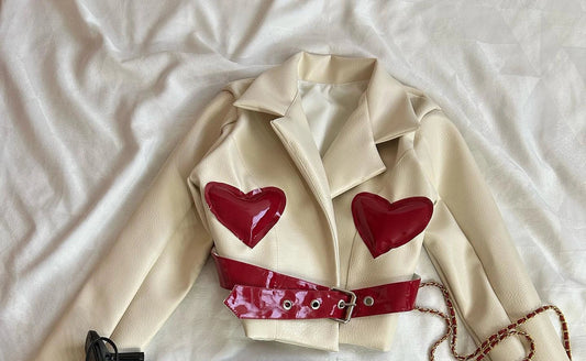 Y2K Womens Street Clothing Heart shaped Leather Clothing Two Punk Jacket Cut Denim Patchwork Retro Pleated Mini Skirt Jacket Set SS69 50.69 Top4 / XL