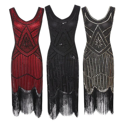 1920s Gatsby Dress 20s Flapper Girl Fancy Retro Sleeveless Sequins Embroidered Tassels Party Dress With Fan Necklace Accessories SS69