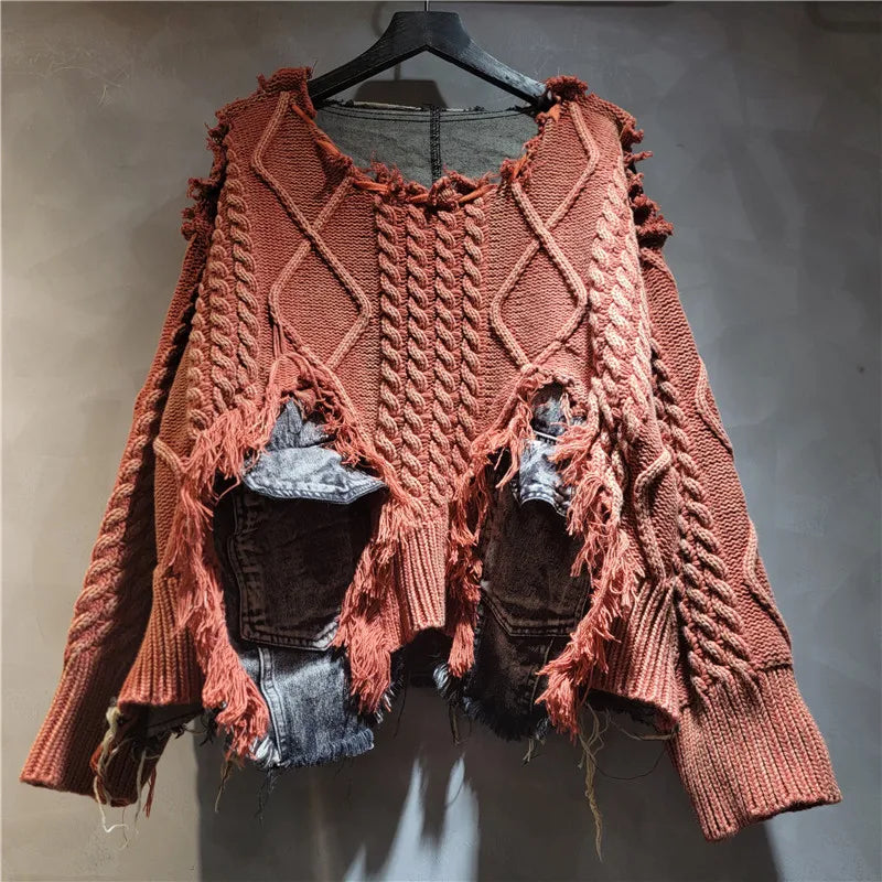 NANCYLIM Women's Vintage Denim Patchwork Knitted Pullover Sweater Loose Fit