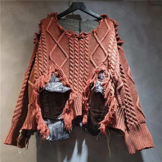 NANCYLIM Women's Vintage Denim Patchwork Knitted Pullover Sweater Loose Fit