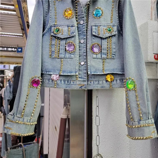 Color Gem Stitching Denim Coat Autumn New American Style Vintage Washed Beaded Rivet Street Fashion Short Jacket Women Trendy SS69