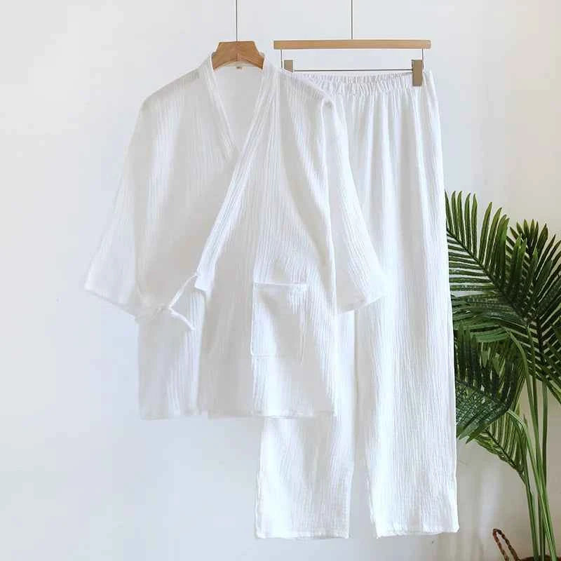Large Size Kimono Robes with Pocket and Long Pants 2 Pcs Pajamas Set for Men Sleepwear Clothes Cotton Pjamas for Men