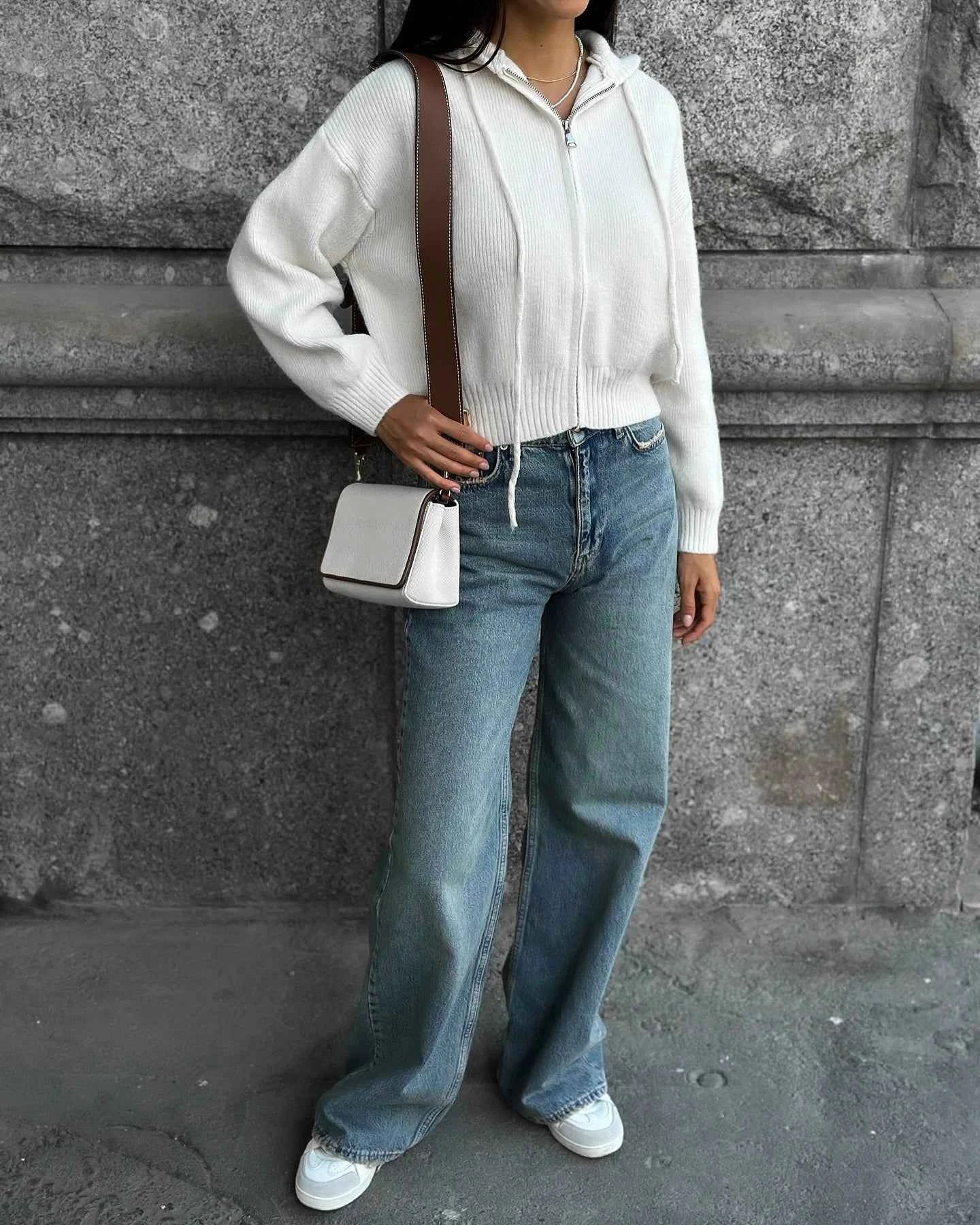 Autumn Knitted Women's Short Cardigan with Zipper Gray Winter Sweater Casual Cute Vintage White Cardigan for Women with Hood