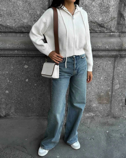 Autumn Knitted Women's Short Cardigan with Zipper Gray Winter Sweater Casual Cute Vintage White Cardigan for Women with Hood