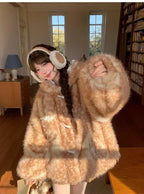 Lautaro Autumn Winter Thick Warm Sweet Cute Lace Patchwork Faux Fur Coat Hoodie Women with Deer Ears Horn Buttons Fluffy Jacket