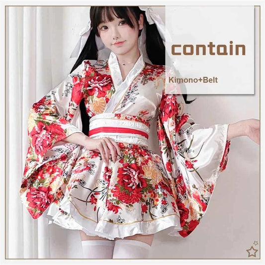 Japanese Kimono Yukata Robes Kawaii Girls Floral Printed Haori Suit Lovely Lolita Dress For Women Maid Cosplay Costume Halloween