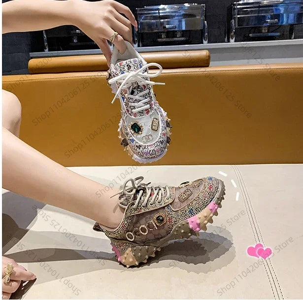 Women's Casual Sneakers Fashion Luxury Rhinestone Ladies Shoes 2024 New Outdoor Platform Female Sports Shoes Vulcanized Shoes SS69